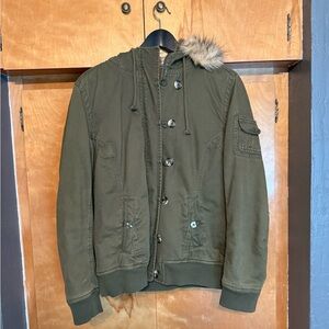 Olive Green Cotton Bomber Coat with Fur Hood & Lining - Old Navy - XL